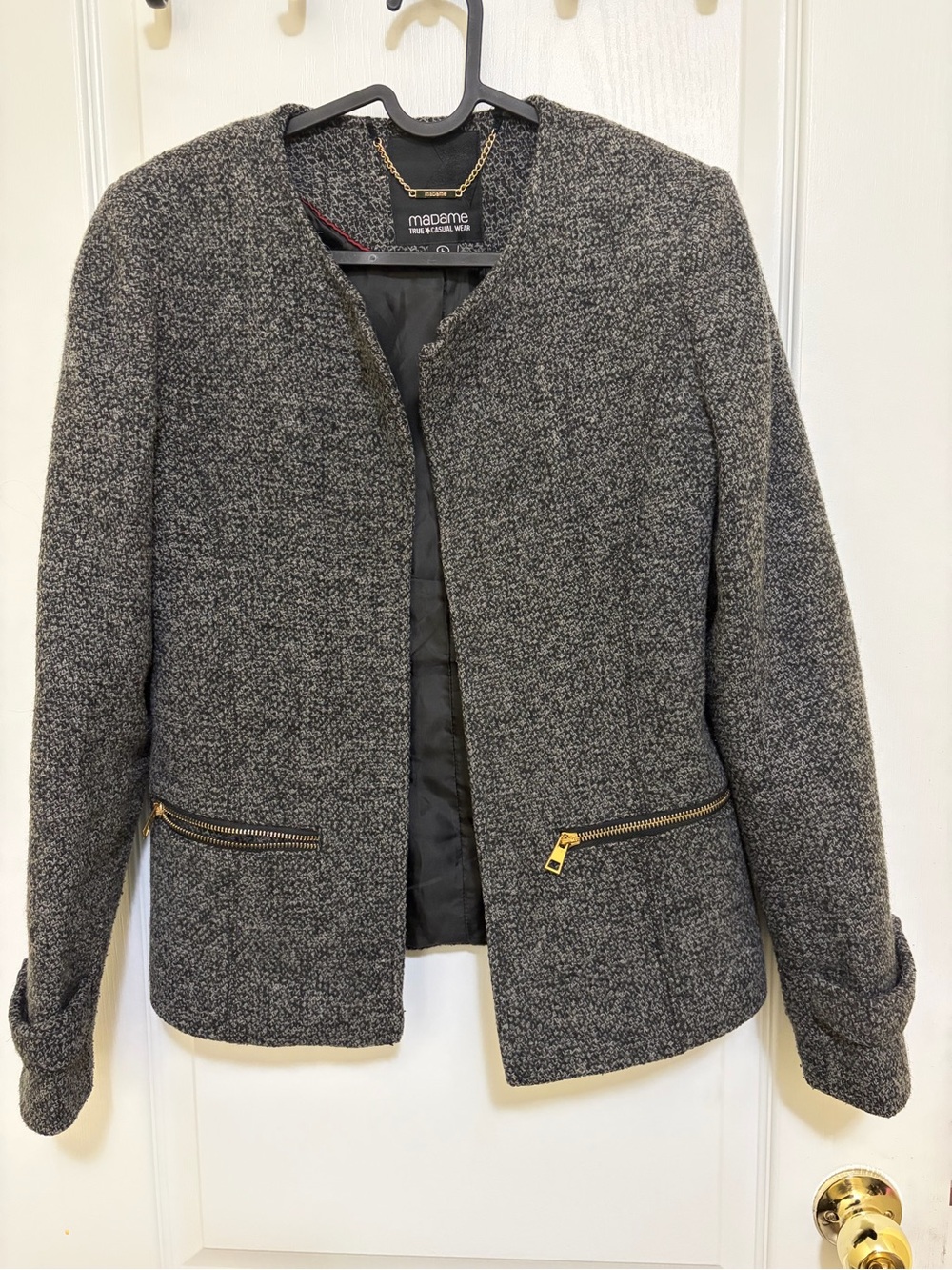 Grey Tweed Short Coat for Women with Zippered Pockets | Size Large